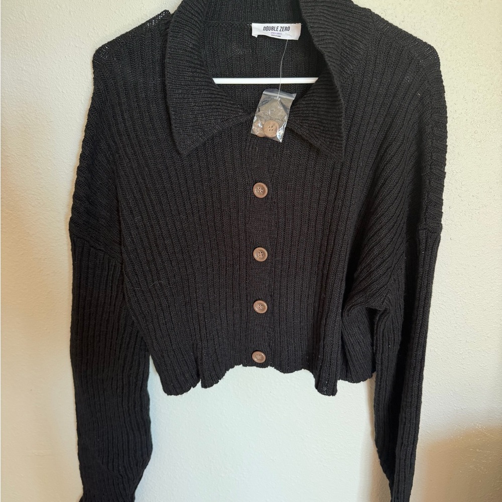 Black Ribbed Button-Up Sweater Double Zero NeW wi… - image 4